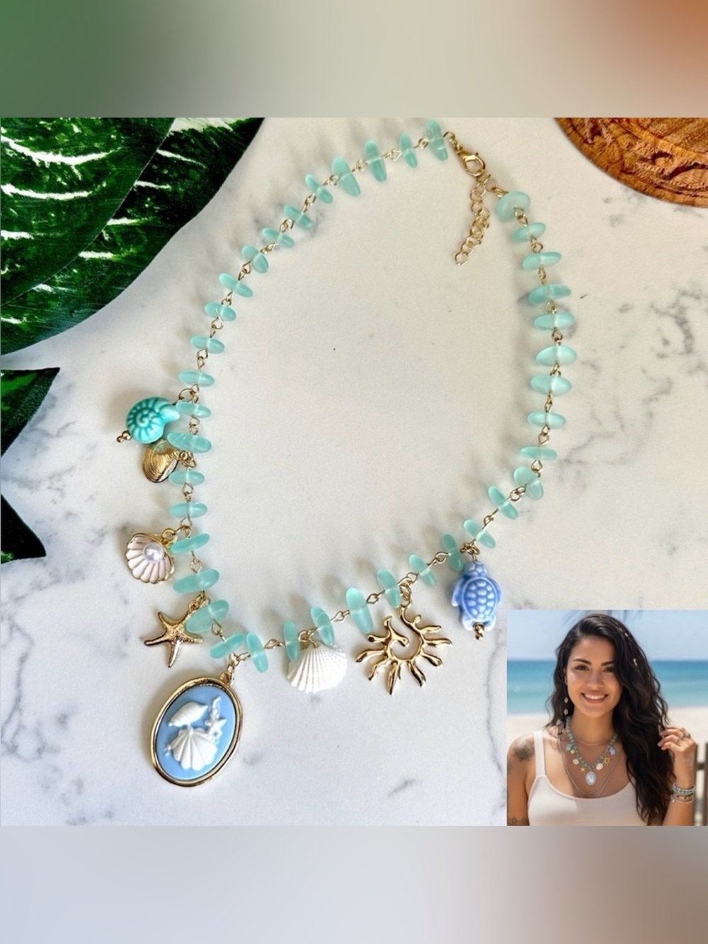 Beach Lucky Charm Necklace Seashell Starfish Ocean Turtle Cameo Vintage Style